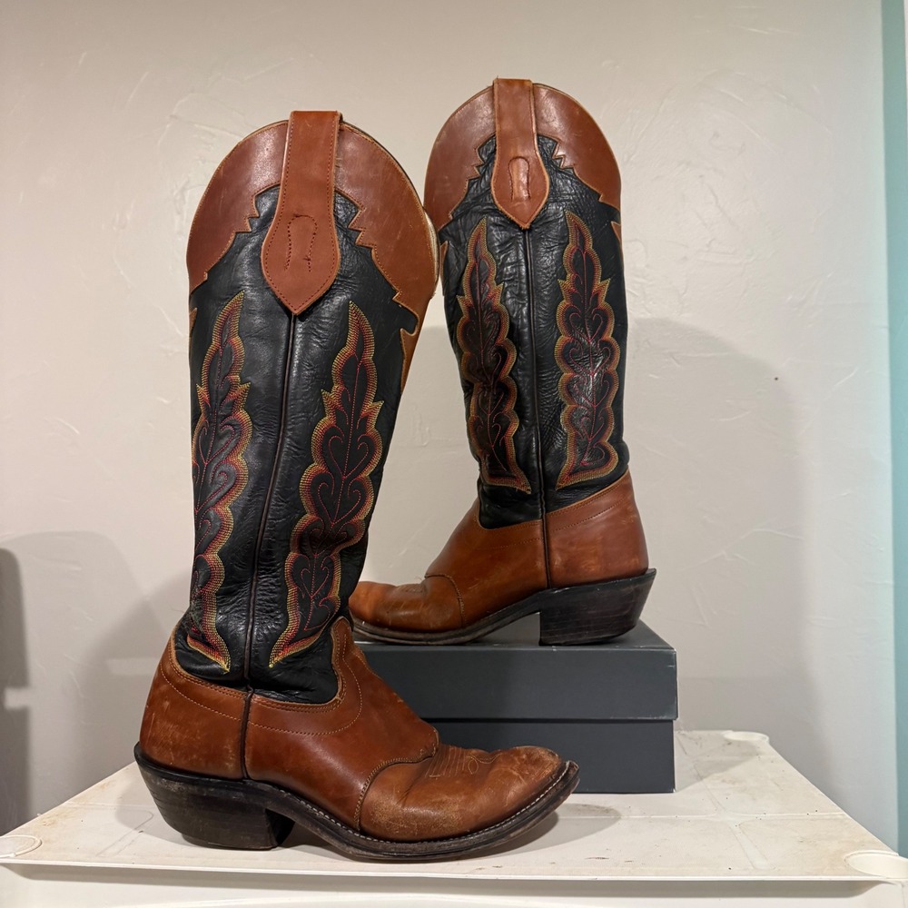OLATHE Cowboy Boots Women 8.5d Brown Black Fair Flame Stitch C03151 USA Made